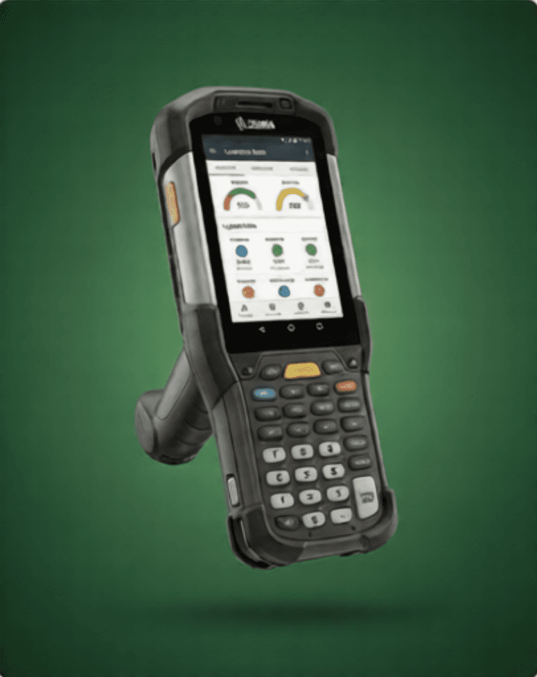 Rugged handheld computer docked in a charging cradle