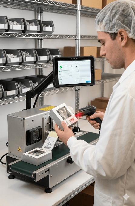 Operator reviewing a device and label management app on a tablet