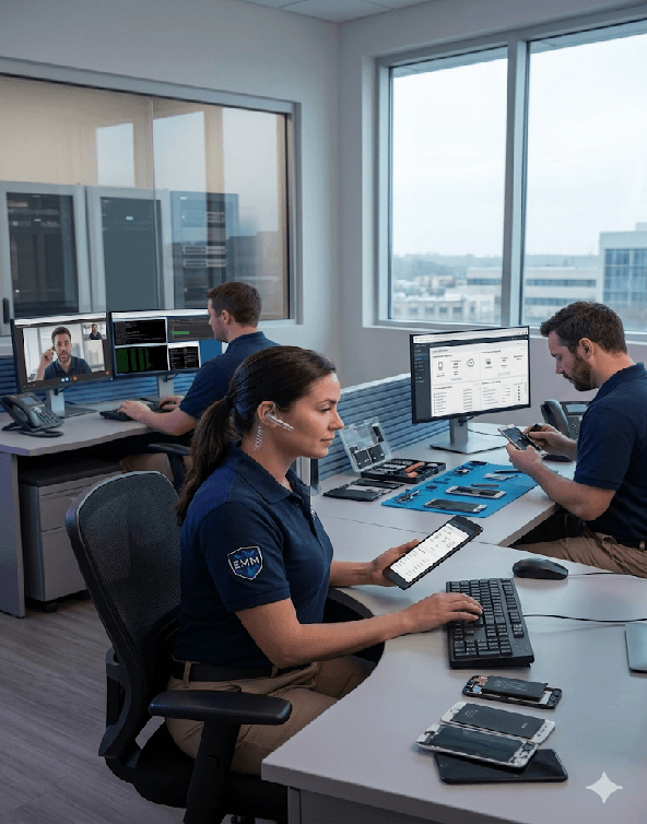Support agent on a headset at a help desk