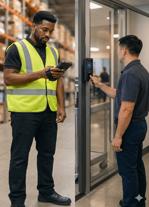Reach truck moving pallets through an active distribution centre