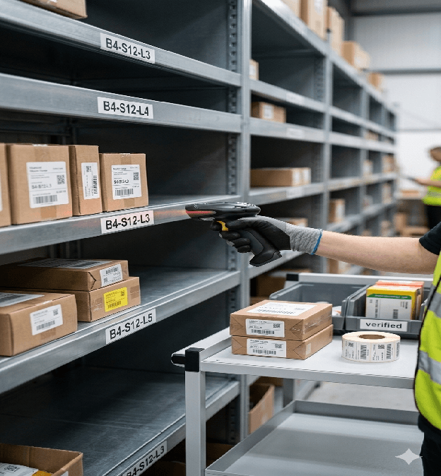 Warehouse staff reviewing orders together in a racking aisle
